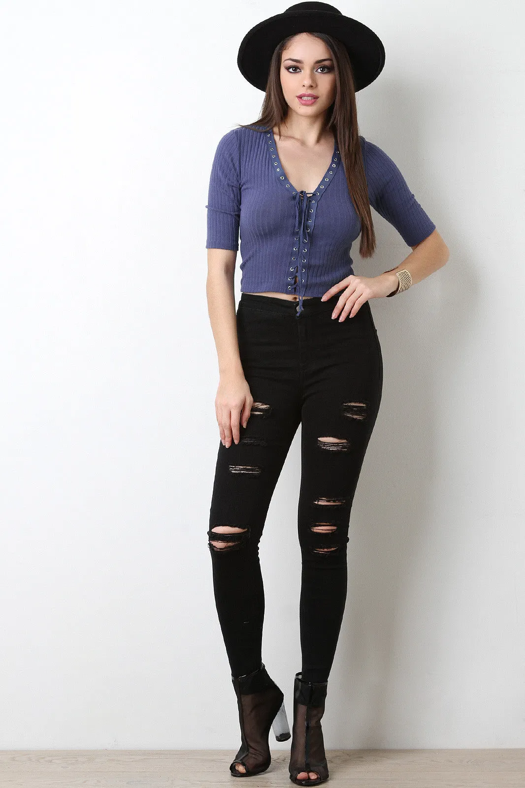 Lace Up Eyelet Ribbed Knit Top