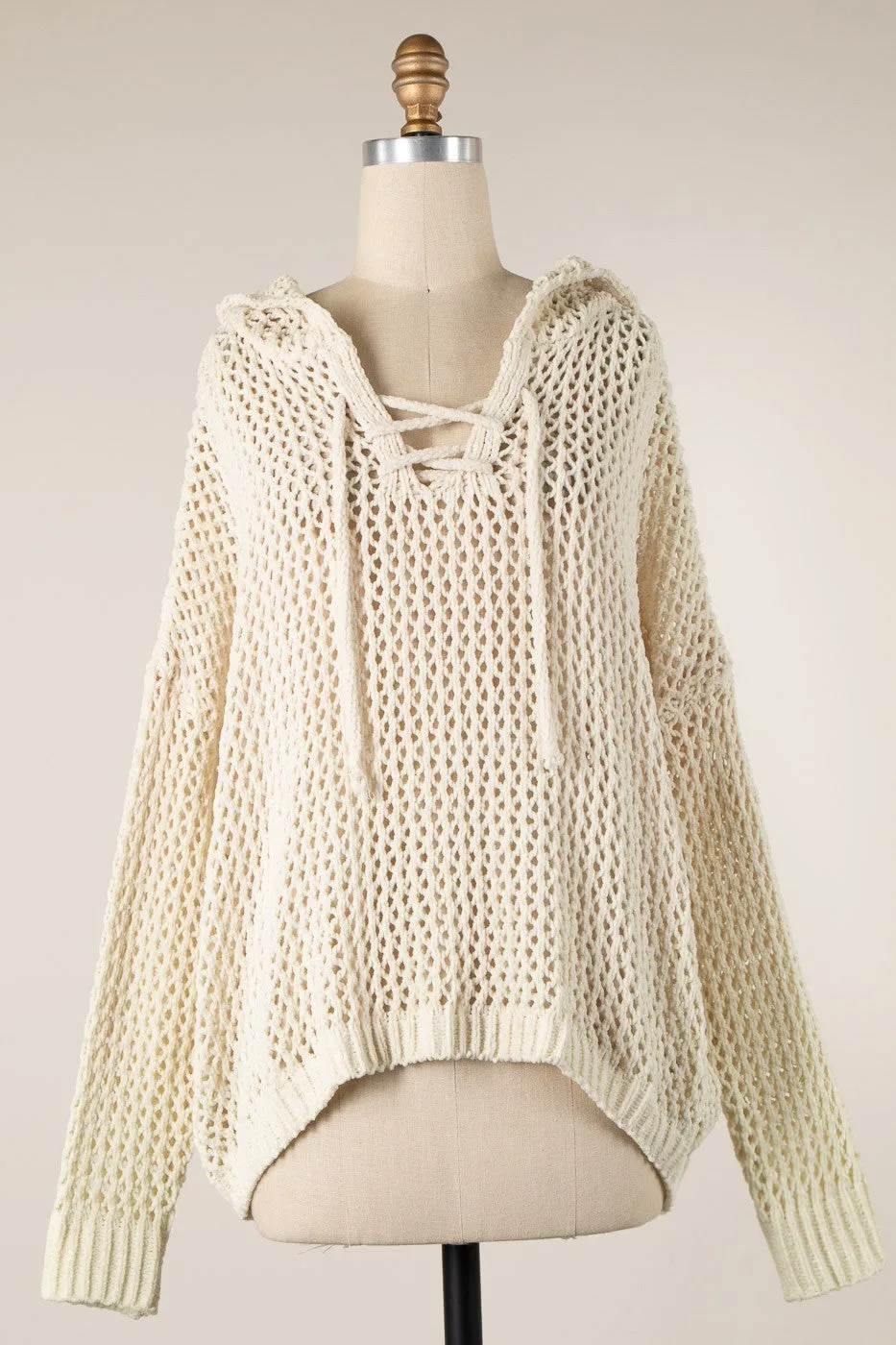 LACE UP OPEN CABLE KNIT CHENILLE HOODIE SWEATER 1 PACK