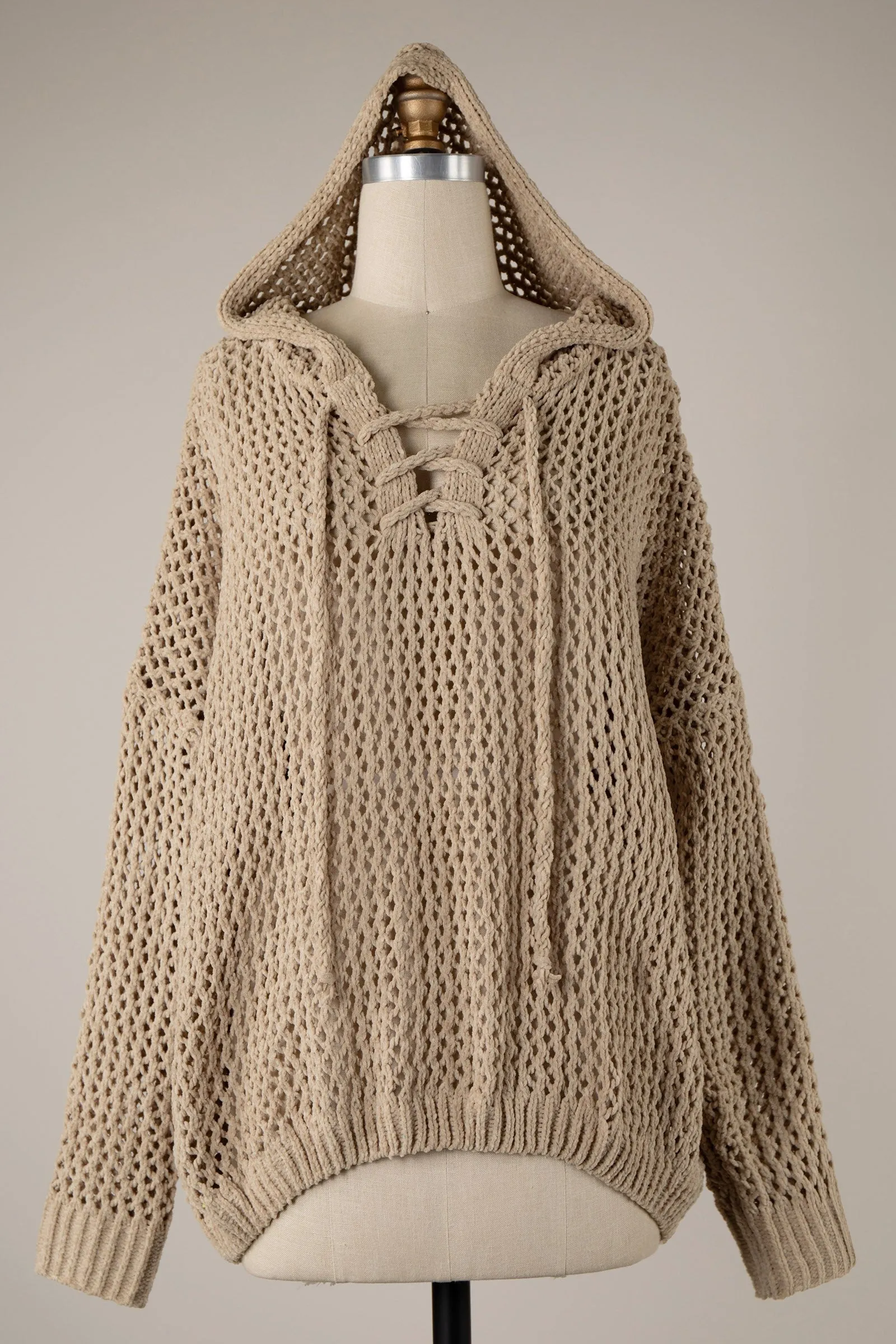 LACE UP OPEN CABLE KNIT CHENILLE HOODIE SWEATER 1 PACK