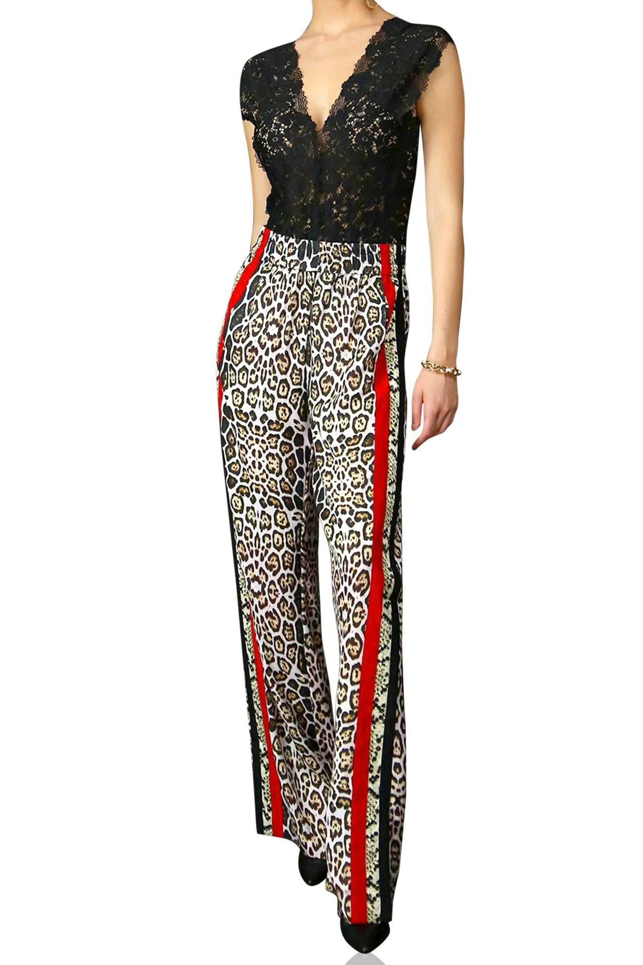 Lepord Print Striped Pants black and White