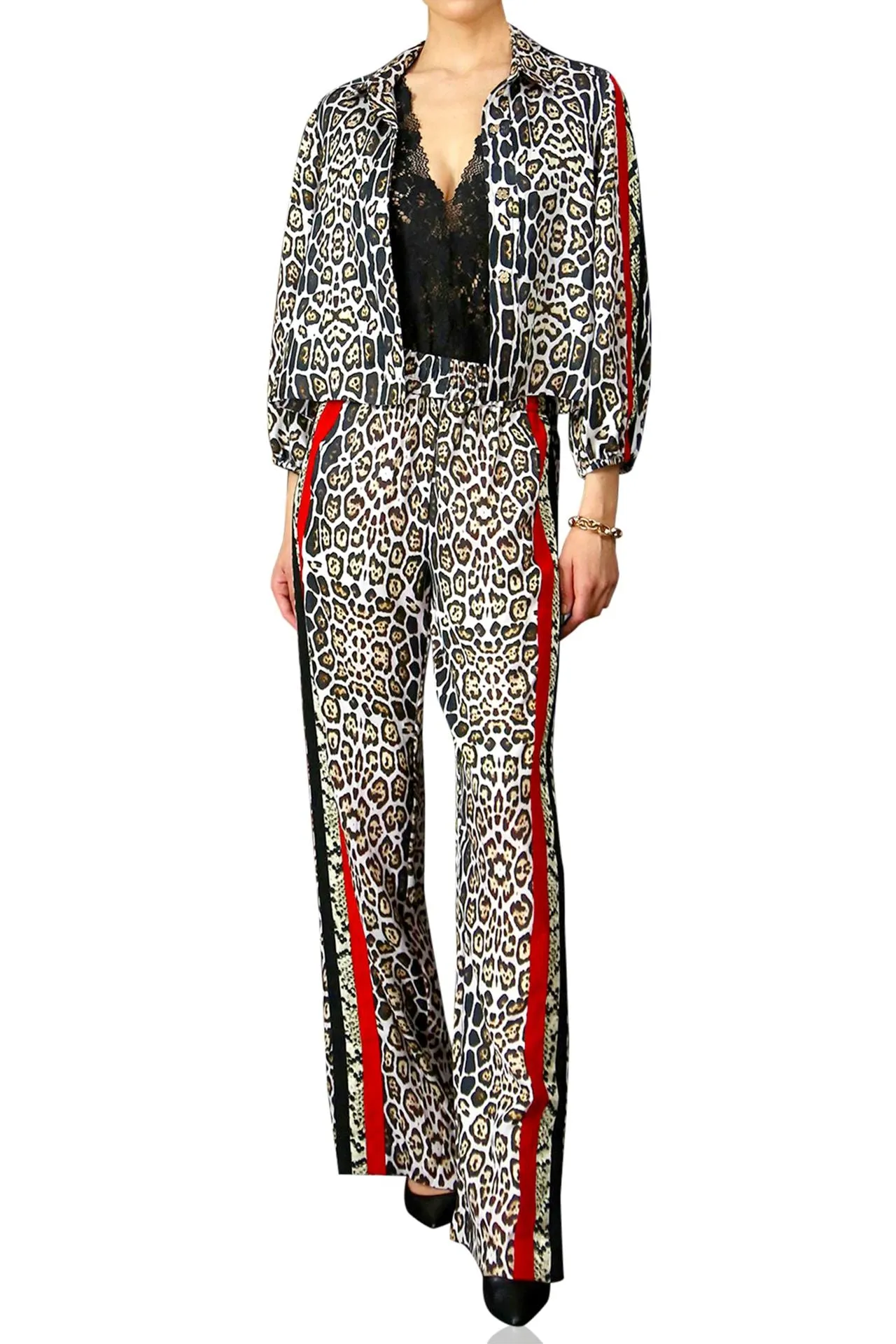 Lepord Print Striped Pants black and White