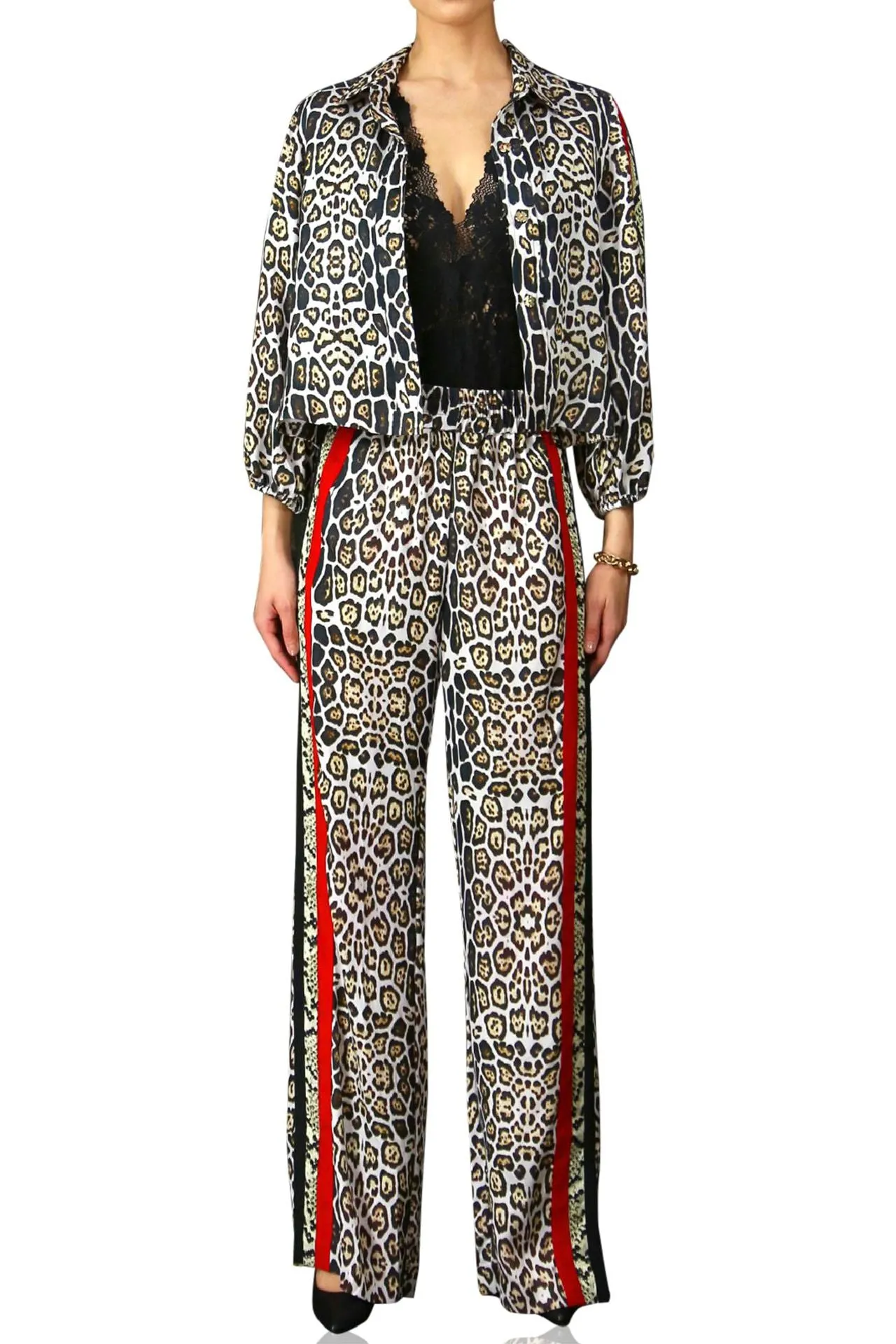 Lepord Print Striped Pants black and White