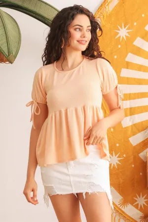 Light Apricot Knit Short Sleeve Flare Hem Top /2-2-2