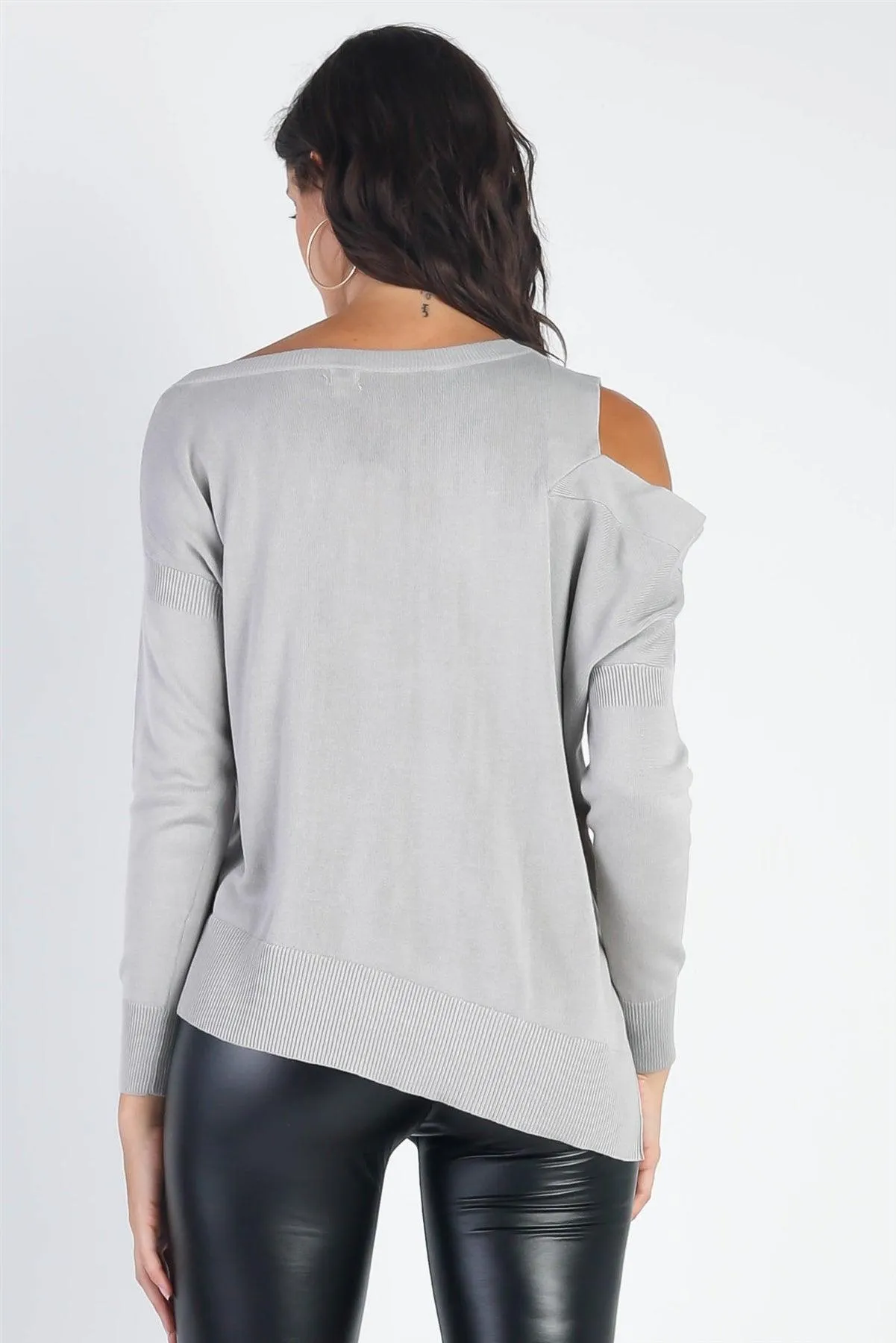 Light Grey Cold Shoulder Long Sleeve Knit Top /3-2-1
