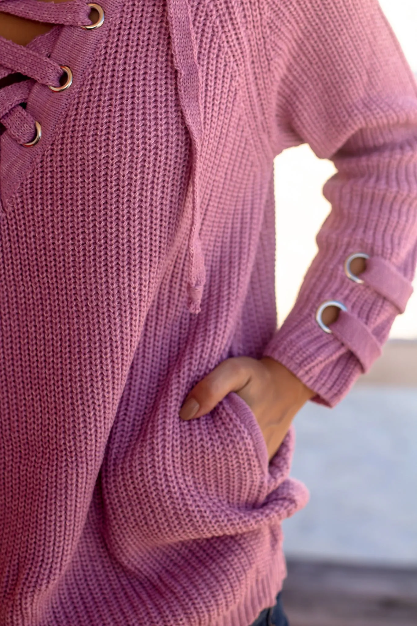 Lilac Lace Up Knit Sweater