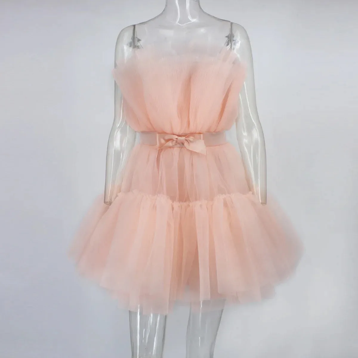 Lillian Strapless Bowtie Belt Fluffly Mesh Mini Dress