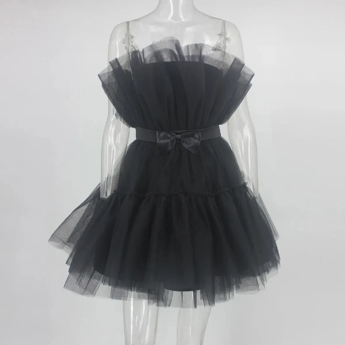 Lillian Strapless Bowtie Belt Fluffly Mesh Mini Dress