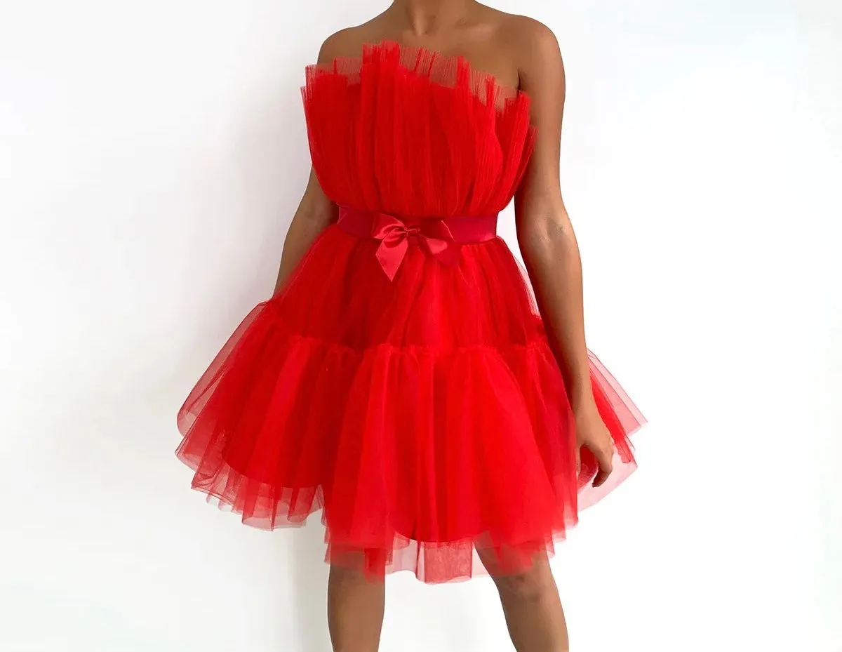 Lillian Strapless Bowtie Belt Fluffly Mesh Mini Dress