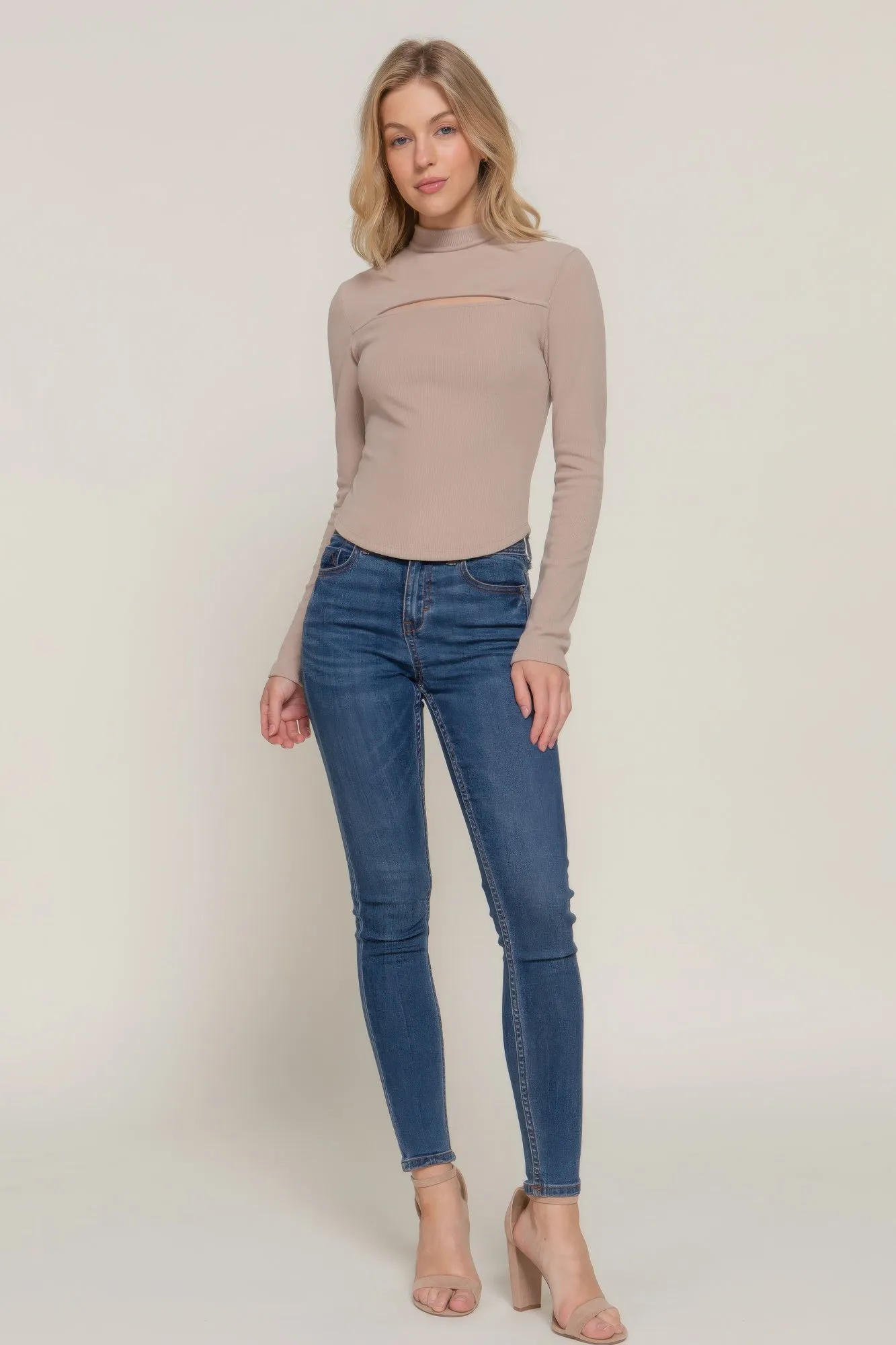 Long Sleeve Mock Neck Keyhole Rib Knit Top