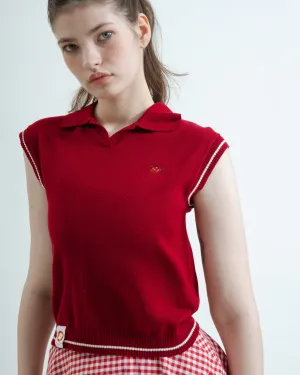 LULU Embroidery Contrast Trim Collared Knit Top (Red)