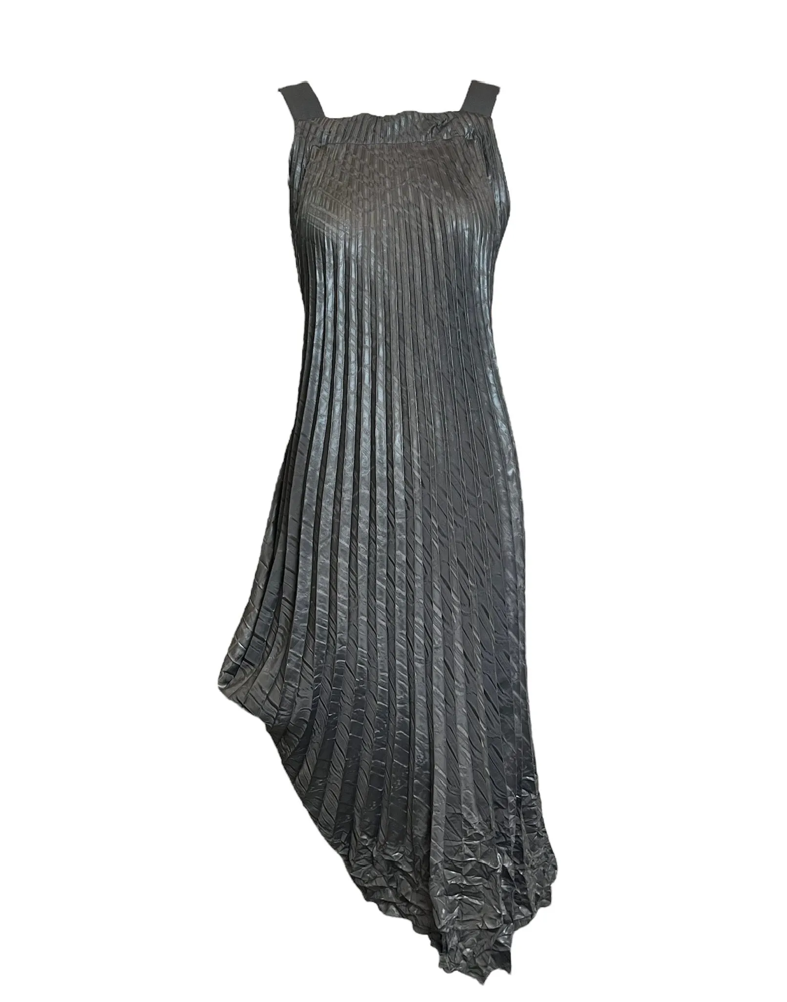 Marithe   Francois Girbaud 90s Gun Metal Pleated Asymmetric Halter Gown