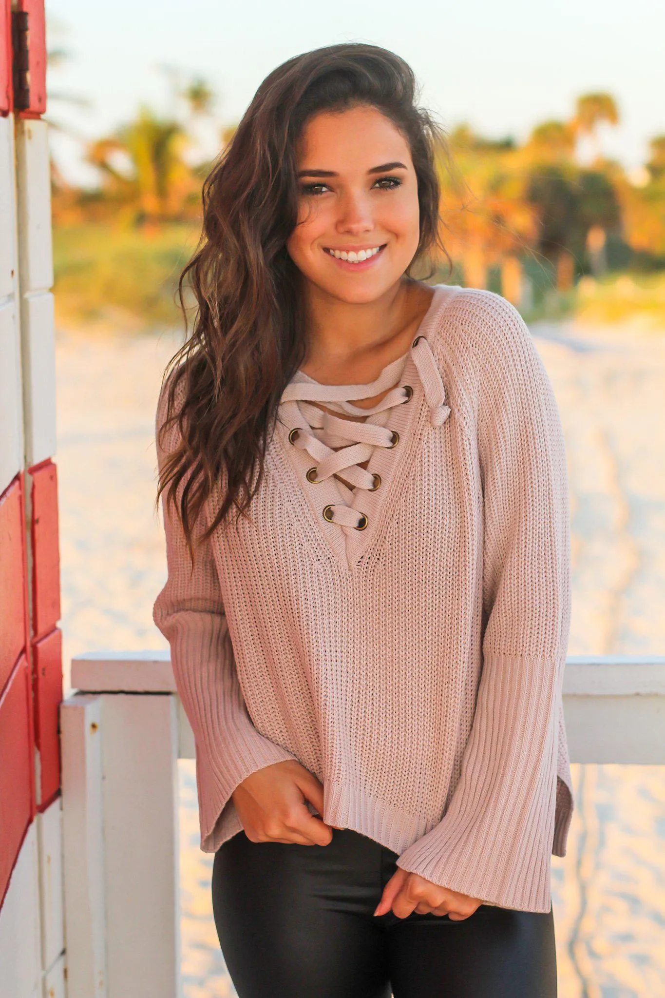 Mauve Knit Lace Up Sweater