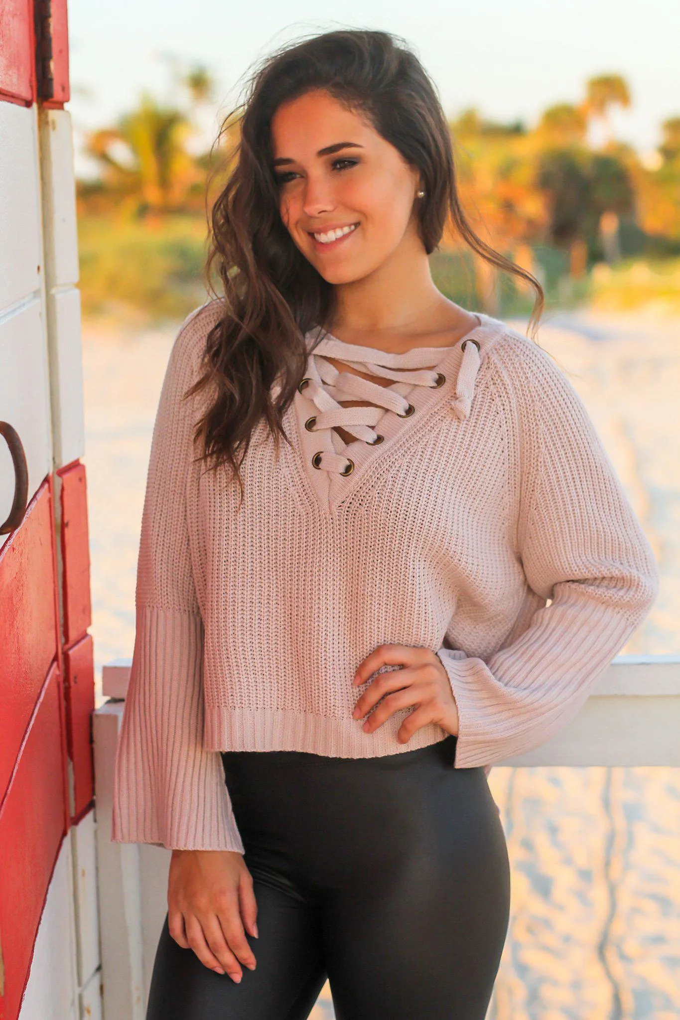 Mauve Knit Lace Up Sweater