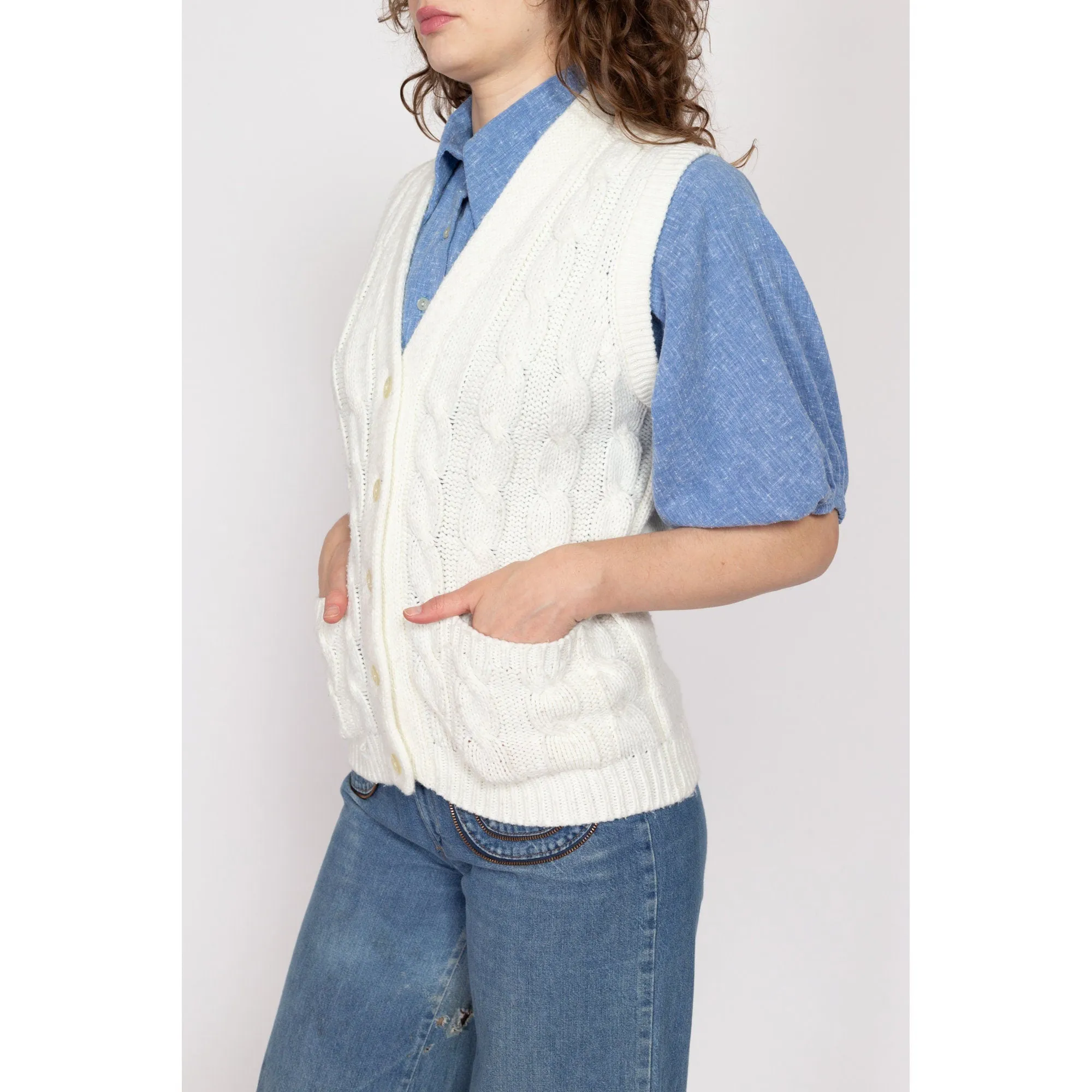 Medium 70s White Cable Knit Sweater Vest