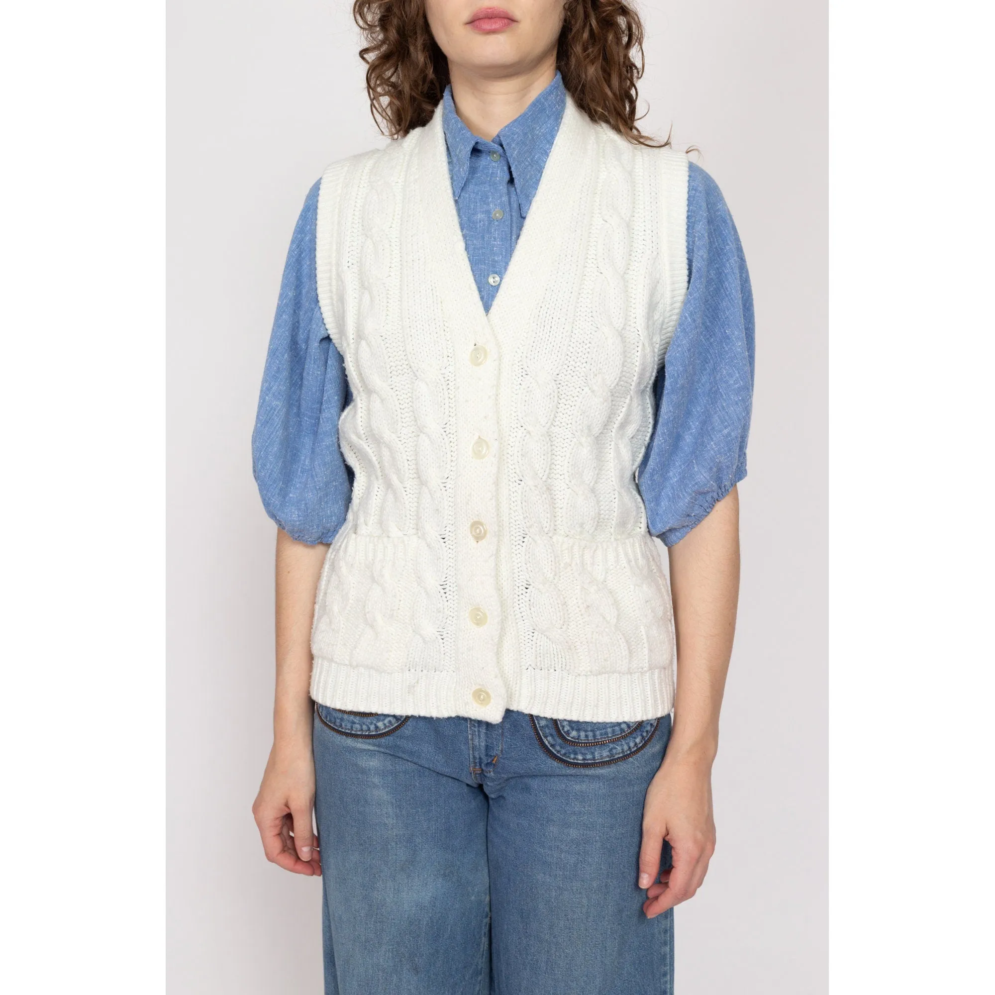 Medium 70s White Cable Knit Sweater Vest