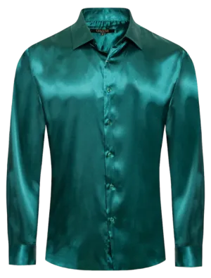 Men's Green Shiny Satin Silk Dress Shirt Long Sleeve Casual Slim Fit