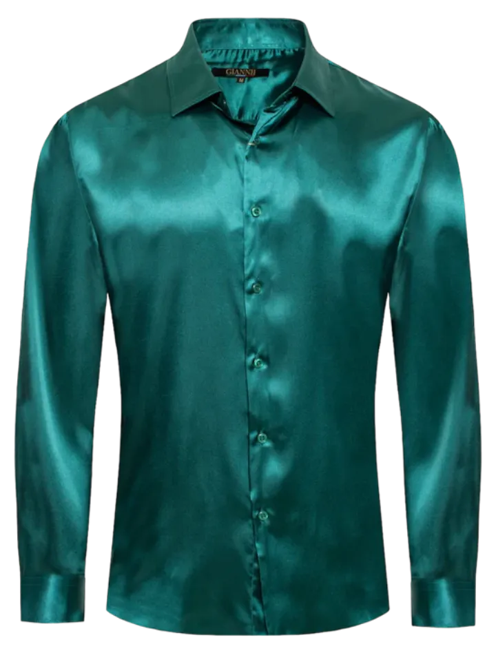 Men's Green Shiny Satin Silk Dress Shirt Long Sleeve Casual Slim Fit