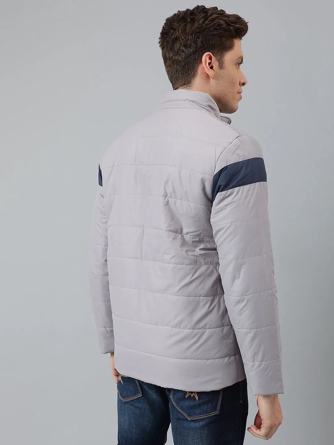 Men's Grey Regular Fit Winterwear Colorblock Puffer Jacket