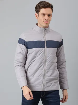 Men's Grey Regular Fit Winterwear Colorblock Puffer Jacket