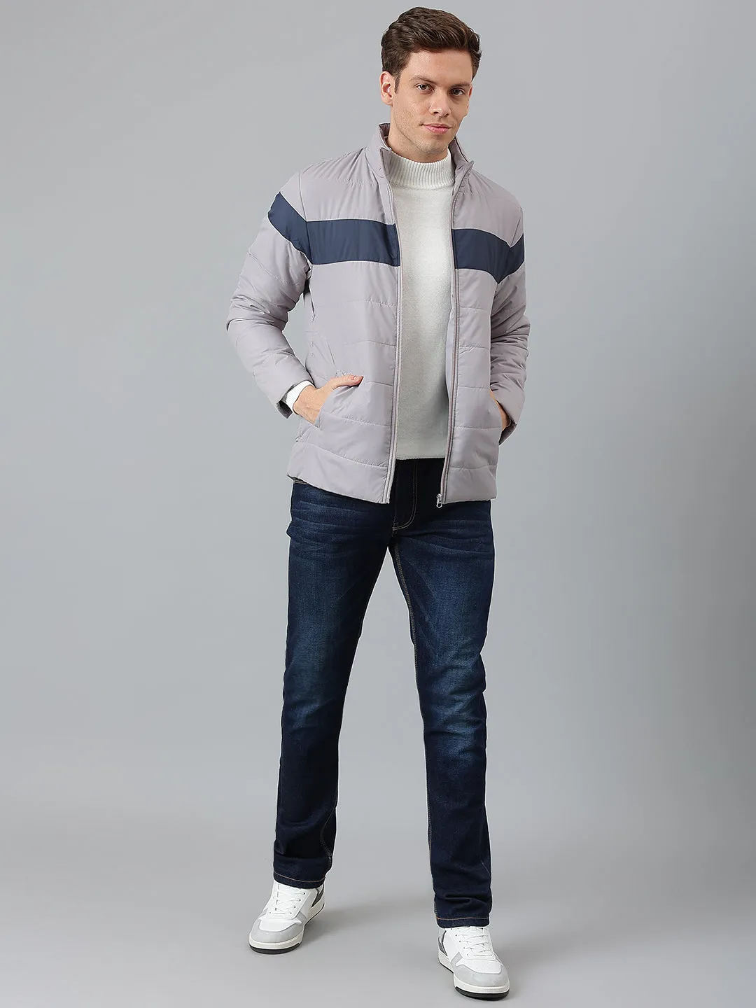 Men's Grey Regular Fit Winterwear Colorblock Puffer Jacket