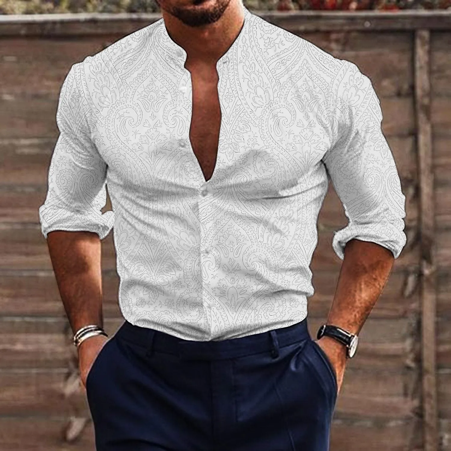 Men's Retro Casual Floral Stand Collar Shirt 49876822TO