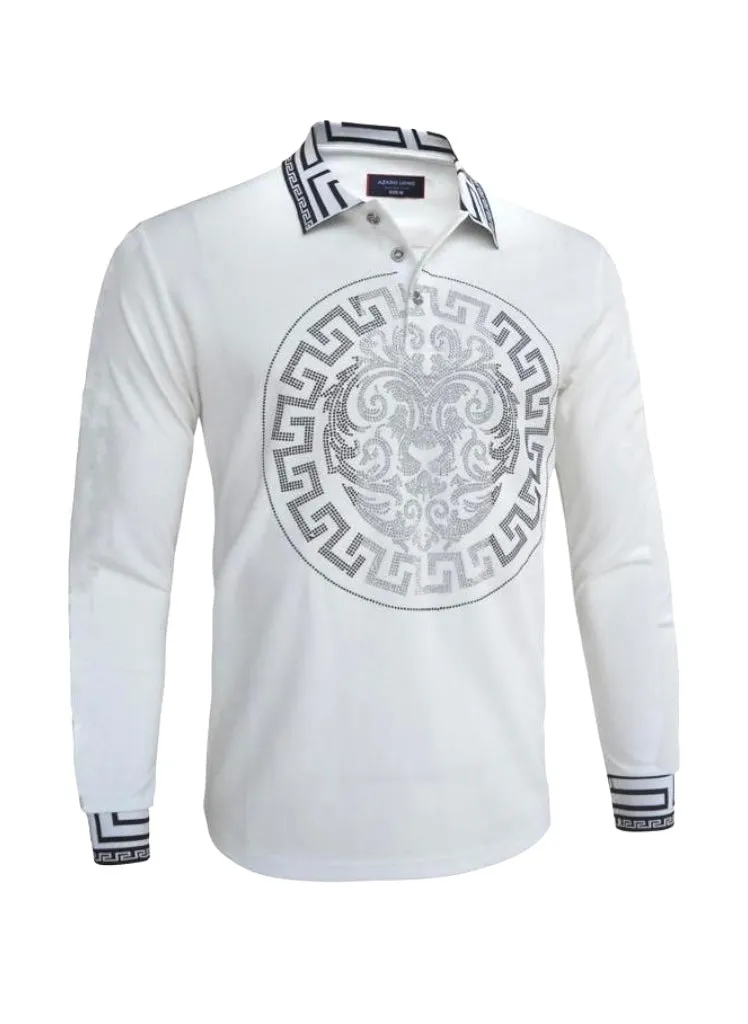 Men's white long sleeve polo silver stones print design on Collar