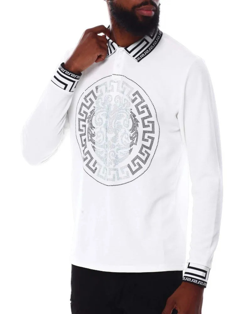 Men's white long sleeve polo silver stones print design on Collar