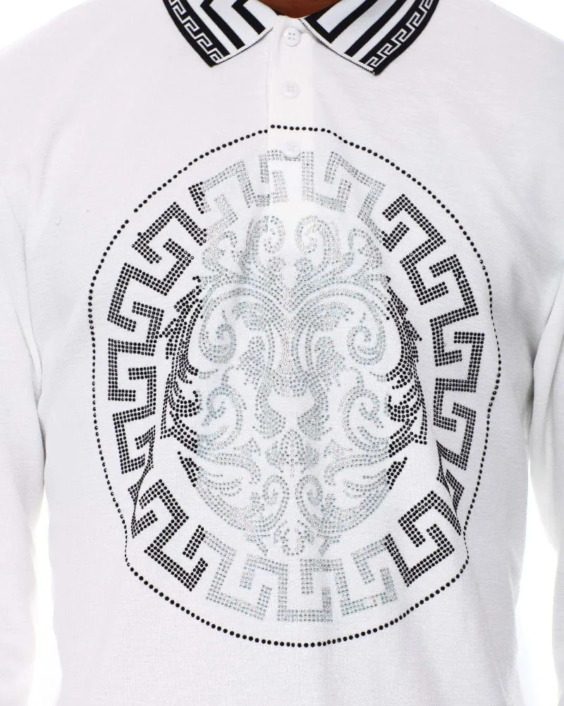 Men's white long sleeve polo silver stones print design on Collar