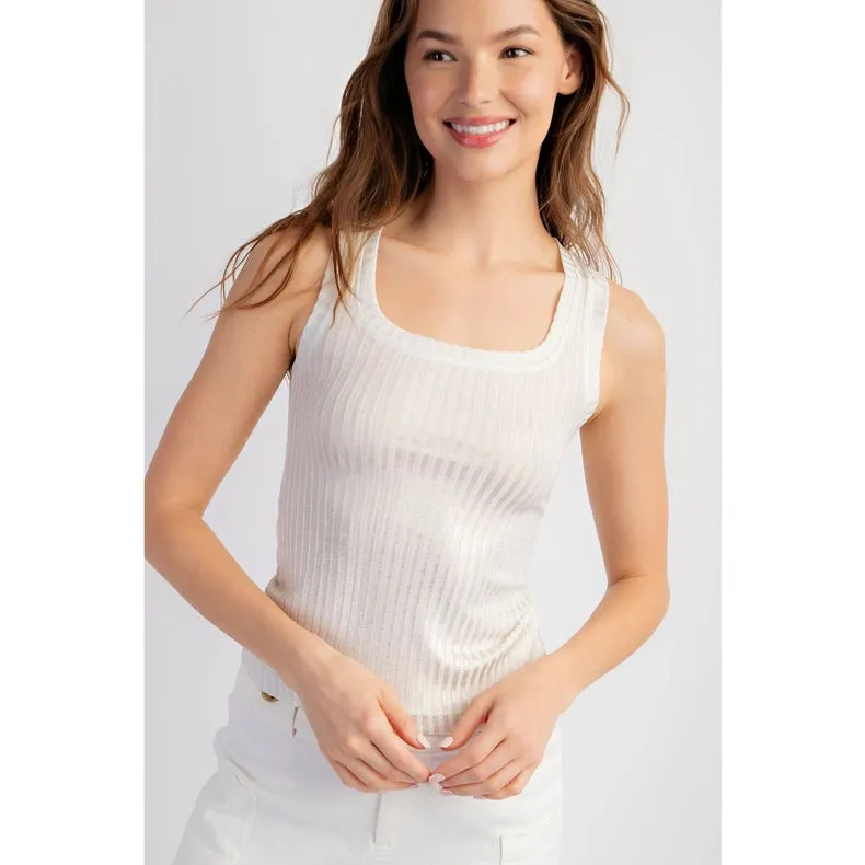 Metallic Coated Ribbed Square Neck Tank Top WHITE/GOLD