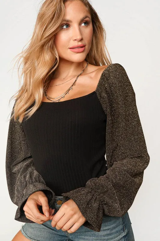 Metallic Lurex Bubble Sleeves Knit Top