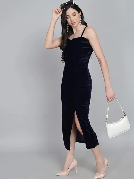 Midnight Elegance Dark Navy Velvet Maxi Bodycon Dress