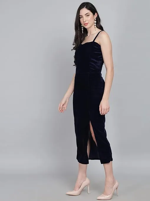 Midnight Elegance Dark Navy Velvet Maxi Bodycon Dress