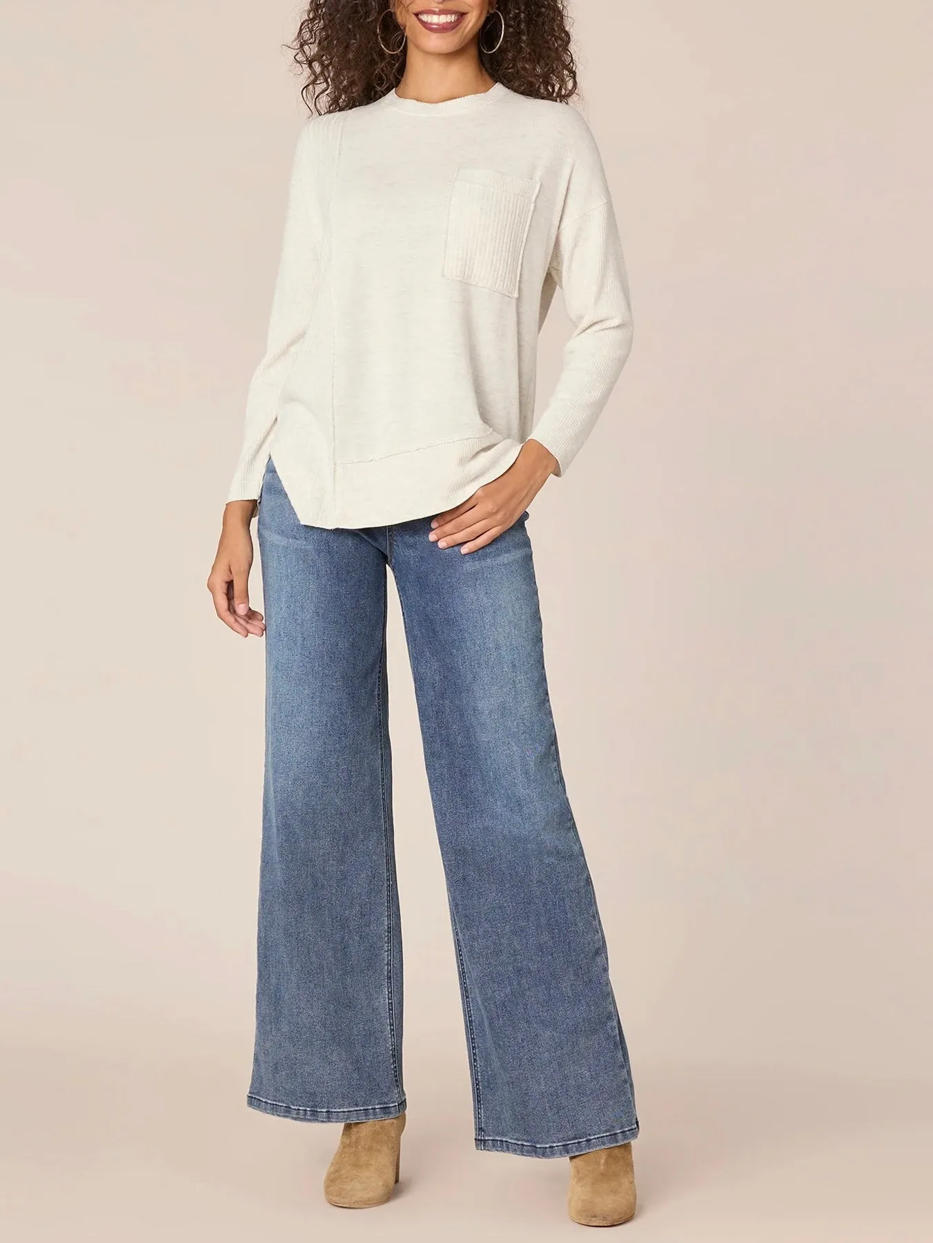 Mixed Knit Top - Heather Cream
