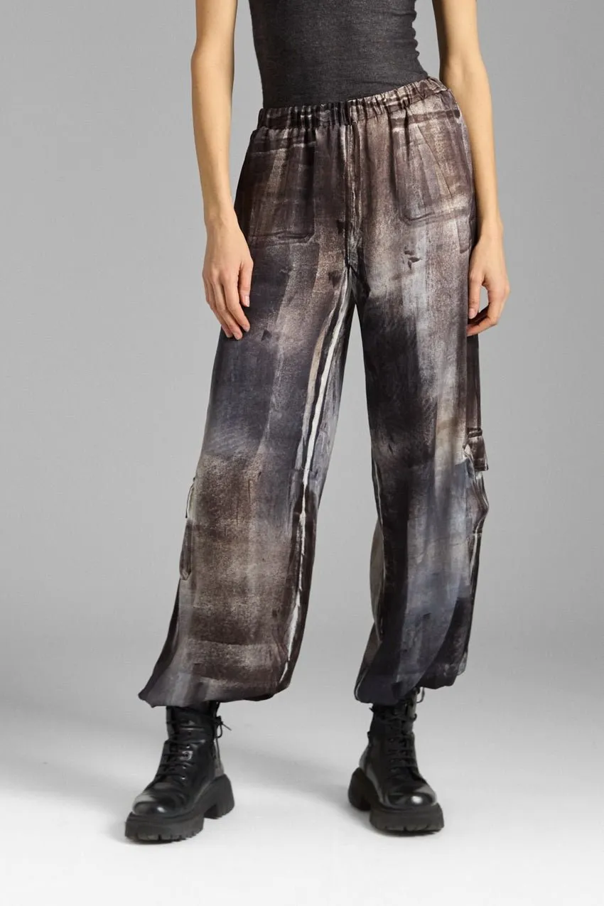 MURALES EFFECT STRETCH SILK PANTS WITH POCKETS