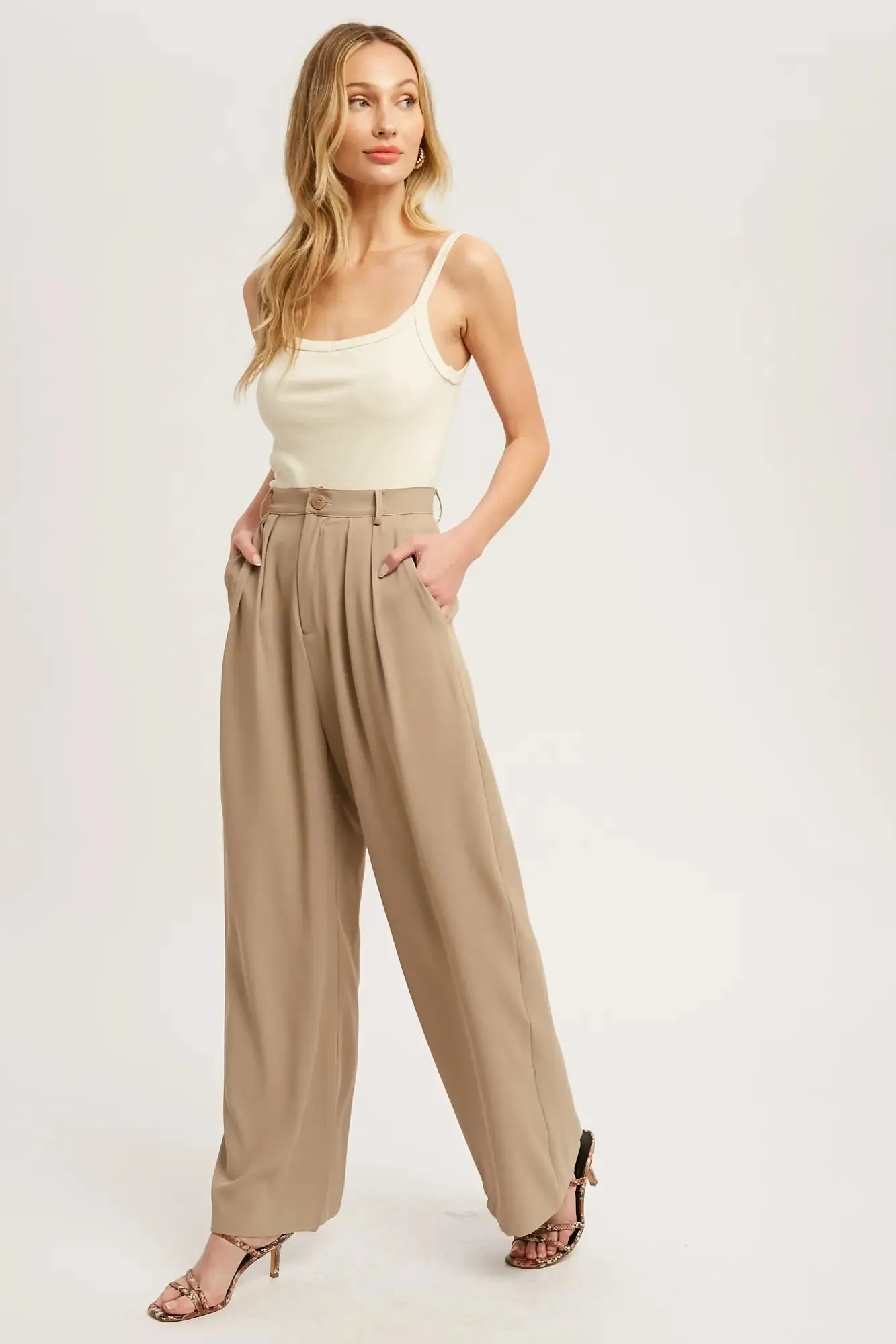 Mushroom Pintuck Wide Leg Pants