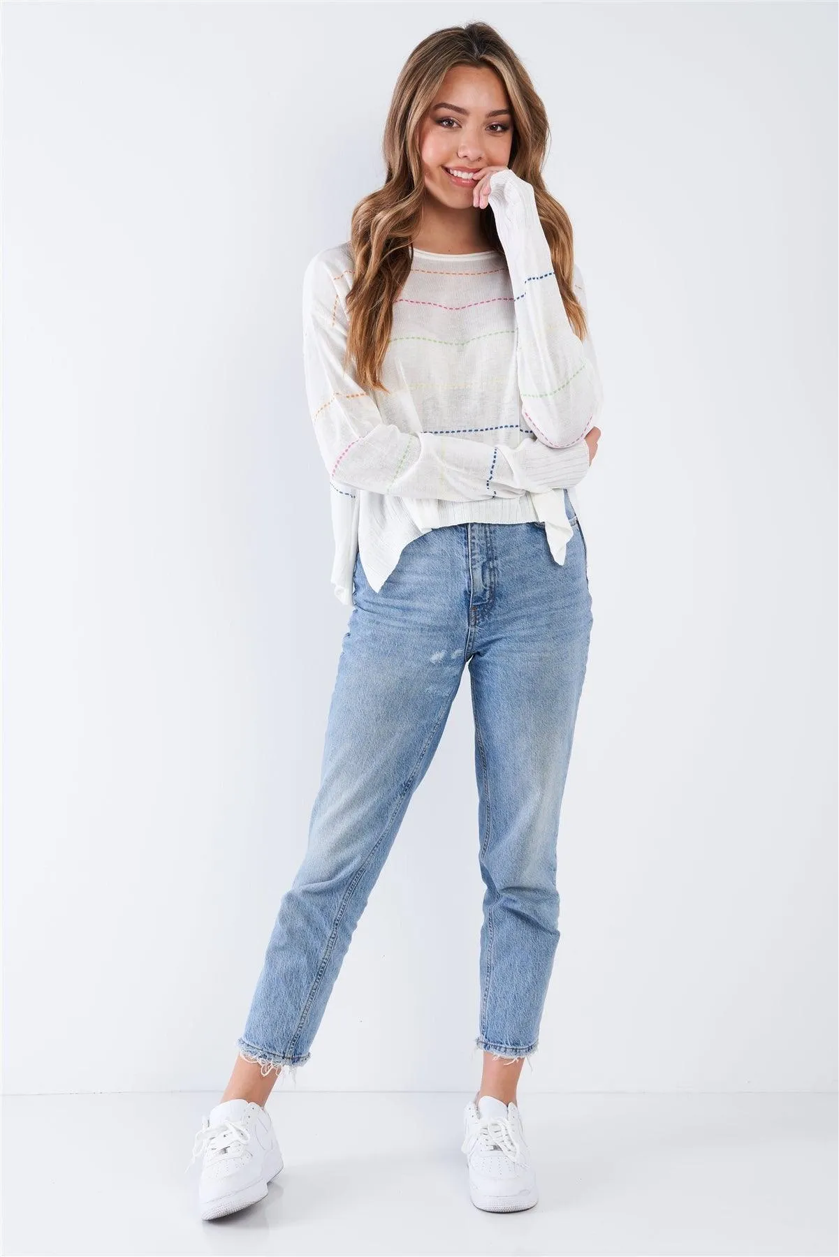 Natural Colorblock Scoop Neck Long Sleeve Knit Top