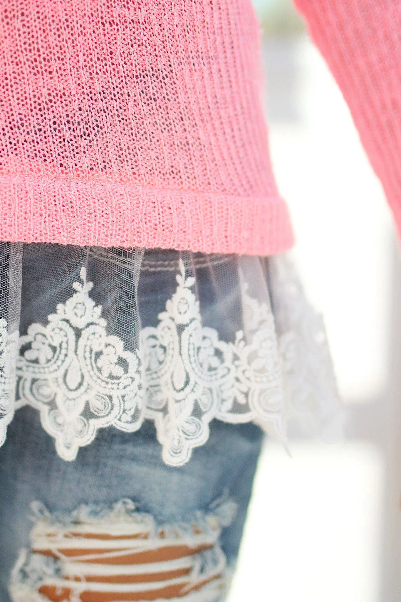 Neon Coral Knit Sweater Top with Lace Trim