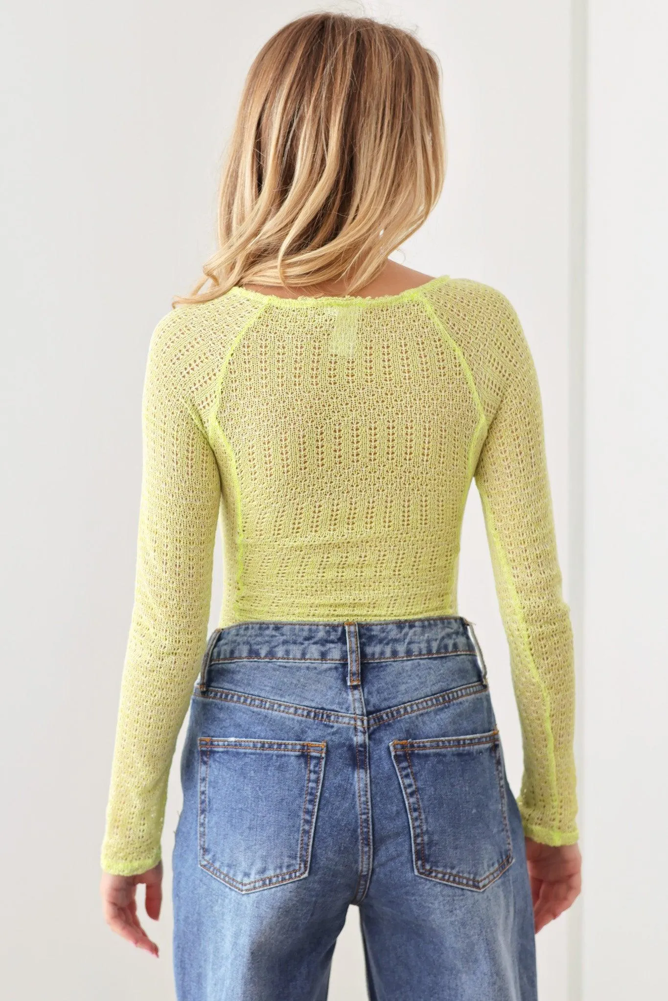 Neon Knit Long Sleeve Ruched Thong See Through Bodysuit