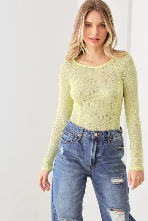 Neon Knit Long Sleeve Ruched Thong See Through Bodysuit