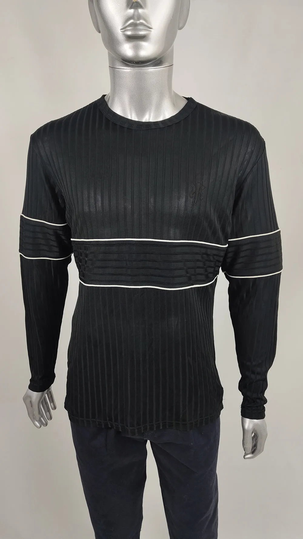 Nick Coleman Mens Vintage Black Ribbed Sheer Knit Jersey Top, 1990s