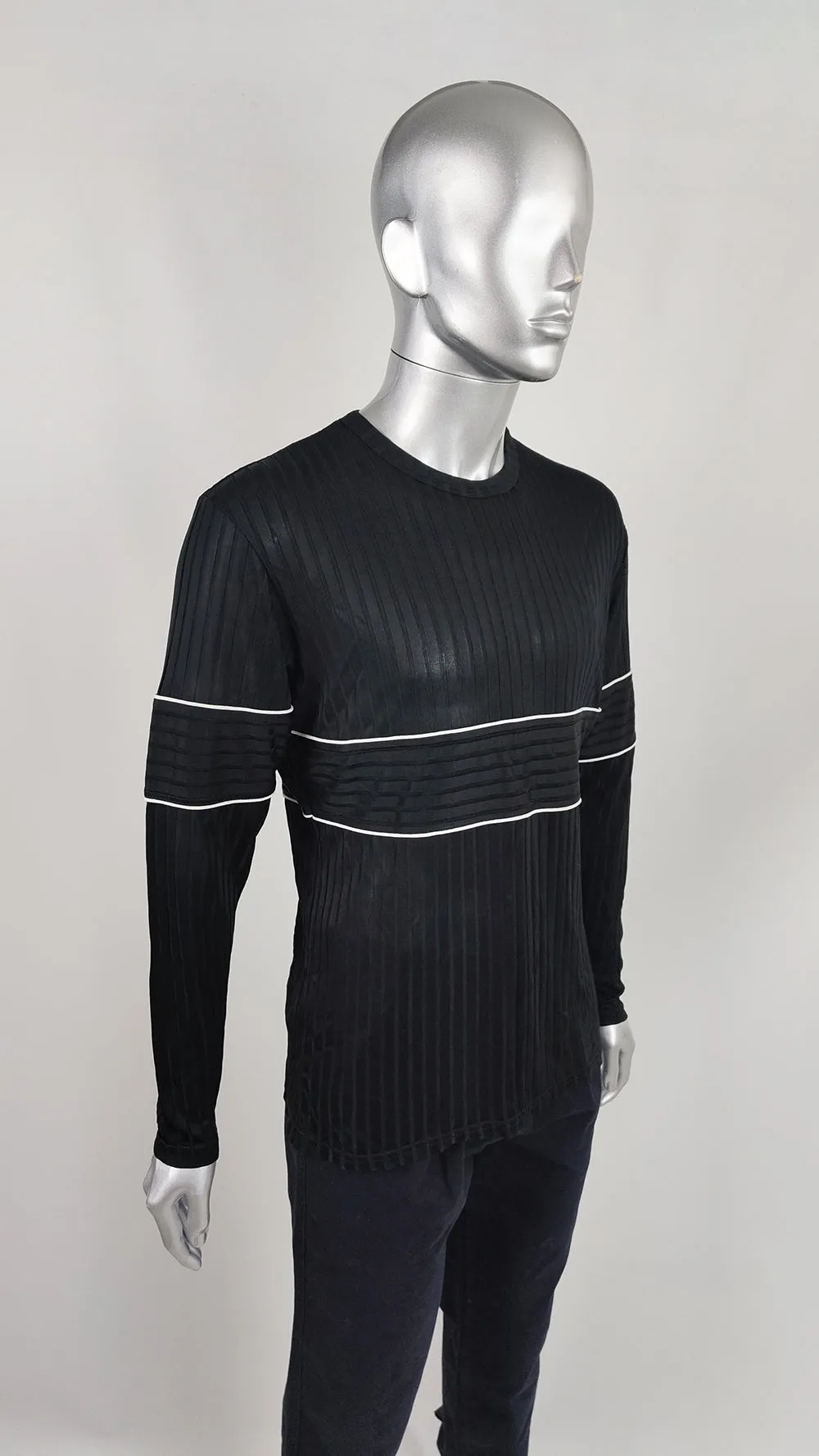 Nick Coleman Mens Vintage Black Ribbed Sheer Knit Jersey Top, 1990s