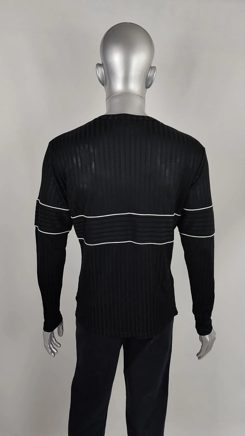Nick Coleman Mens Vintage Black Ribbed Sheer Knit Jersey Top, 1990s