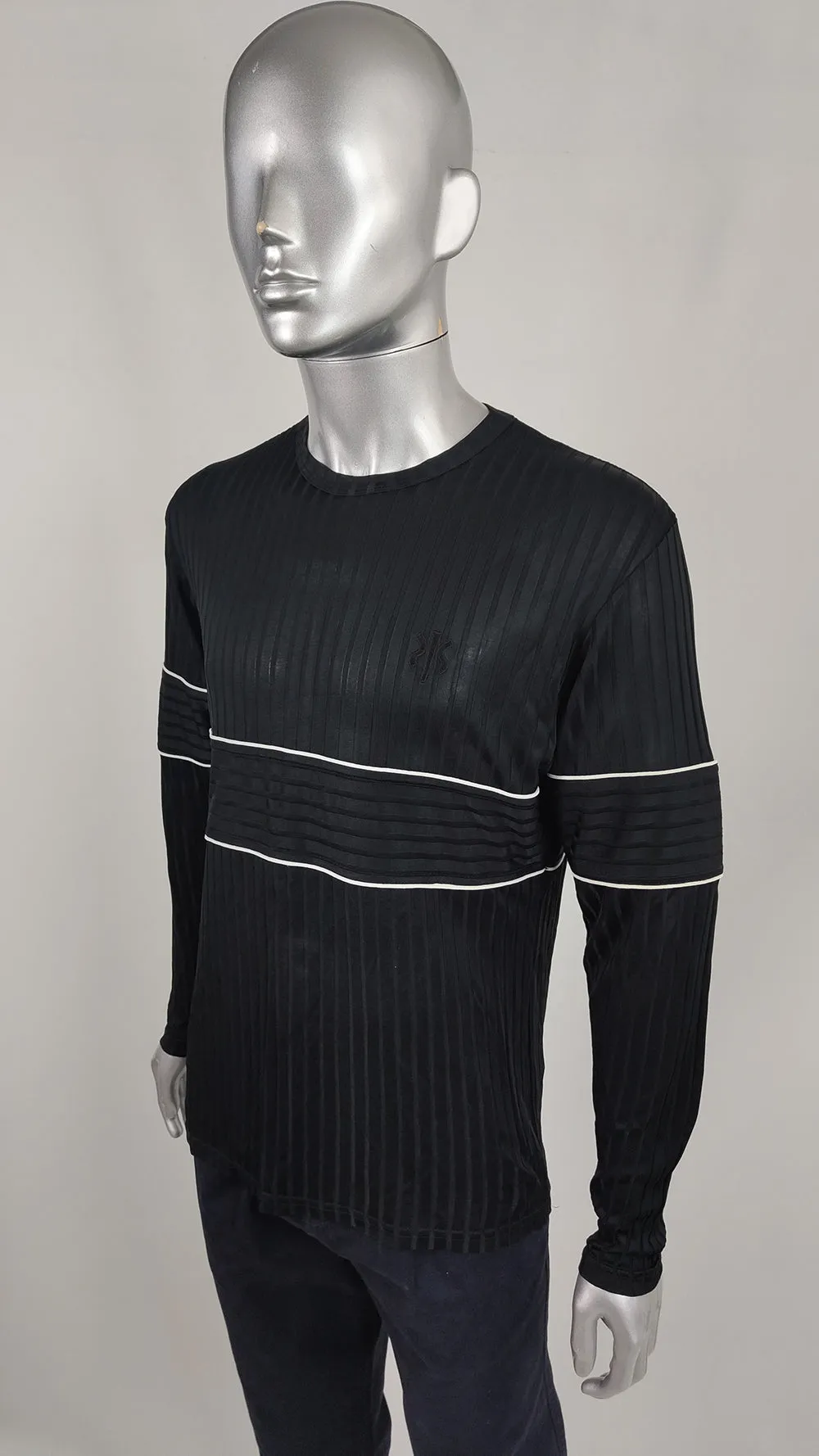 Nick Coleman Mens Vintage Black Ribbed Sheer Knit Jersey Top, 1990s