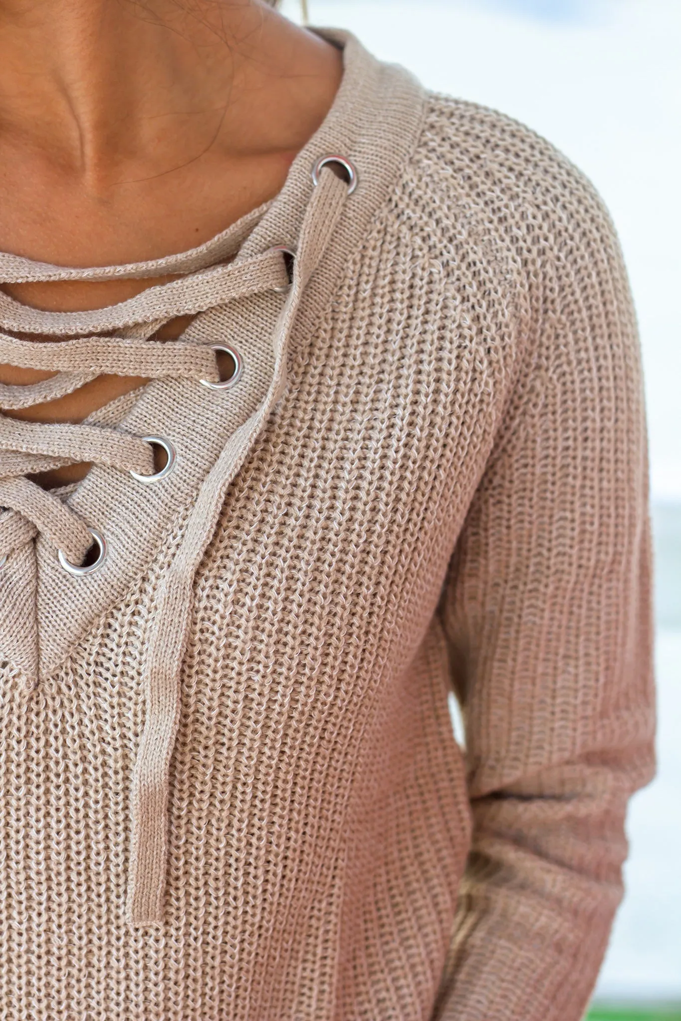 Oatmeal Lace Up Knit Sweater