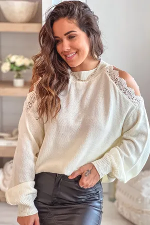 Off White Sweater With Open Shoulder And Lace Trim