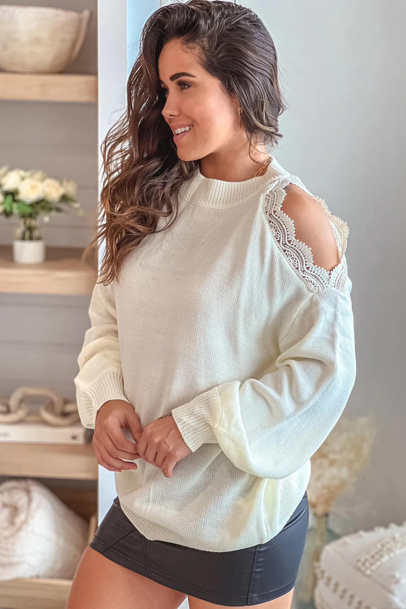 Off White Sweater With Open Shoulder And Lace Trim