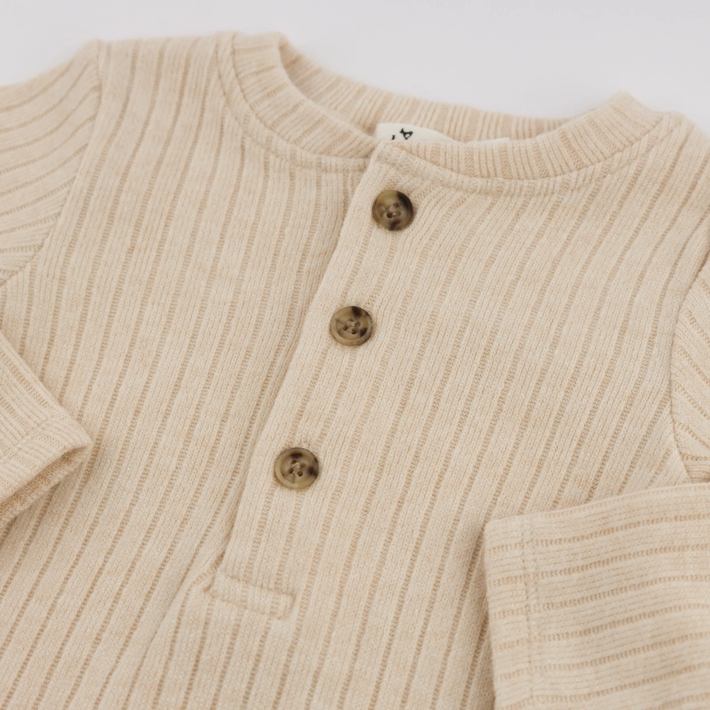 oh baby! Wide Rib Fuzzy Sweater Knit Elbow Patch Henley - Natural