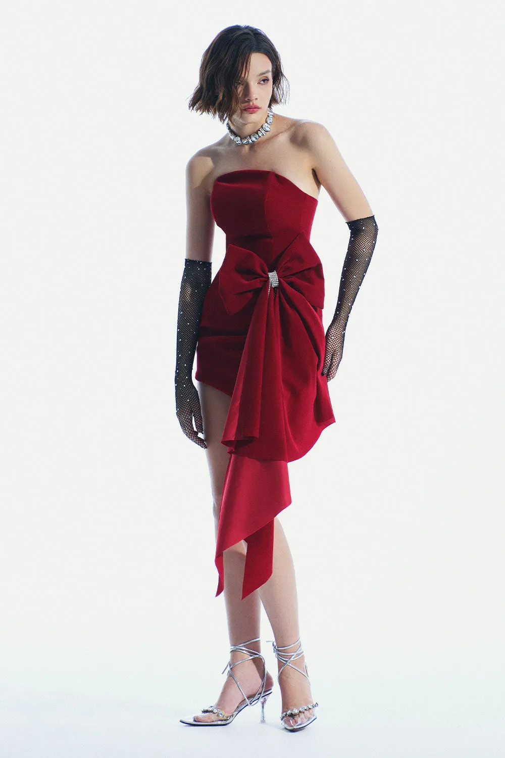 Olsen Bodycon Straight Across Neck Velvet Mini Dress