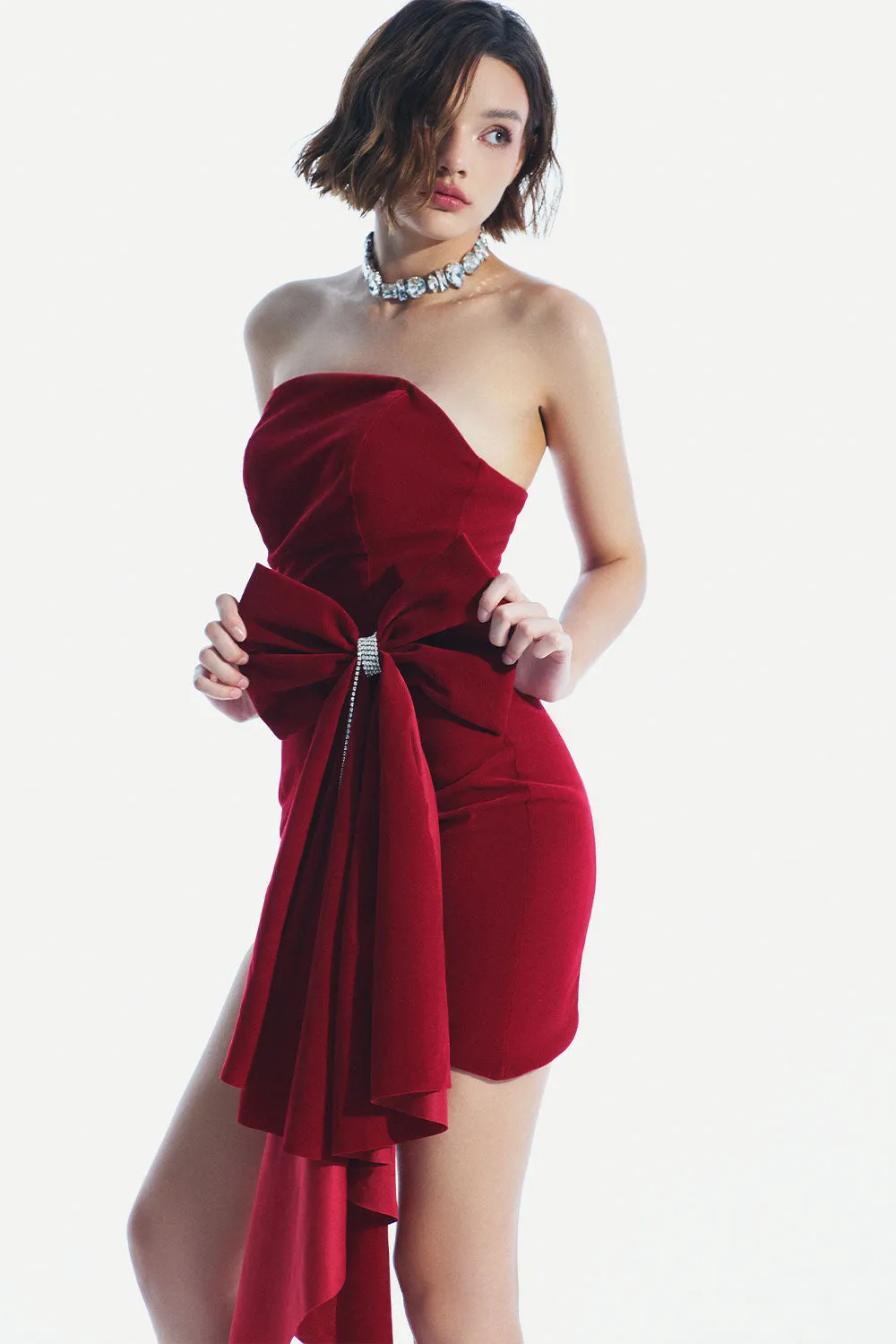 Olsen Bodycon Straight Across Neck Velvet Mini Dress