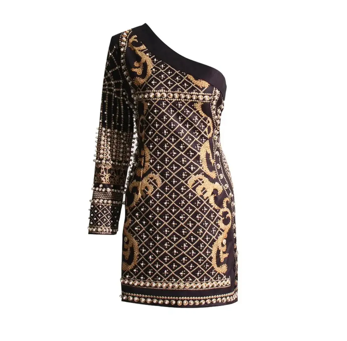 One Shoulder Chain Print Bodycon Dress